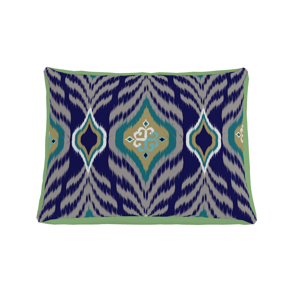 A dog bed with ornate geometric pattern and tan borderA rectangular decorative throw pillow featuring a navy blue, gray, and sage green ikat pattern with central diamond motifs, shown against a plain white background.