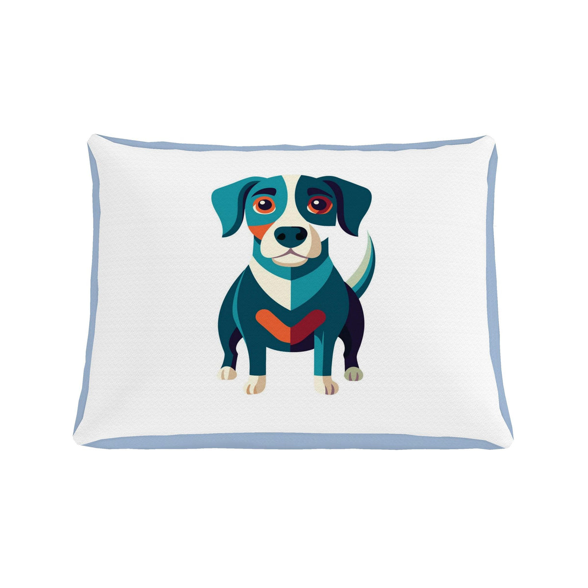 A white rectangular pillow with a light blue border in a Cubism design with an illustration of a dog in the center, shown on a plain white background.