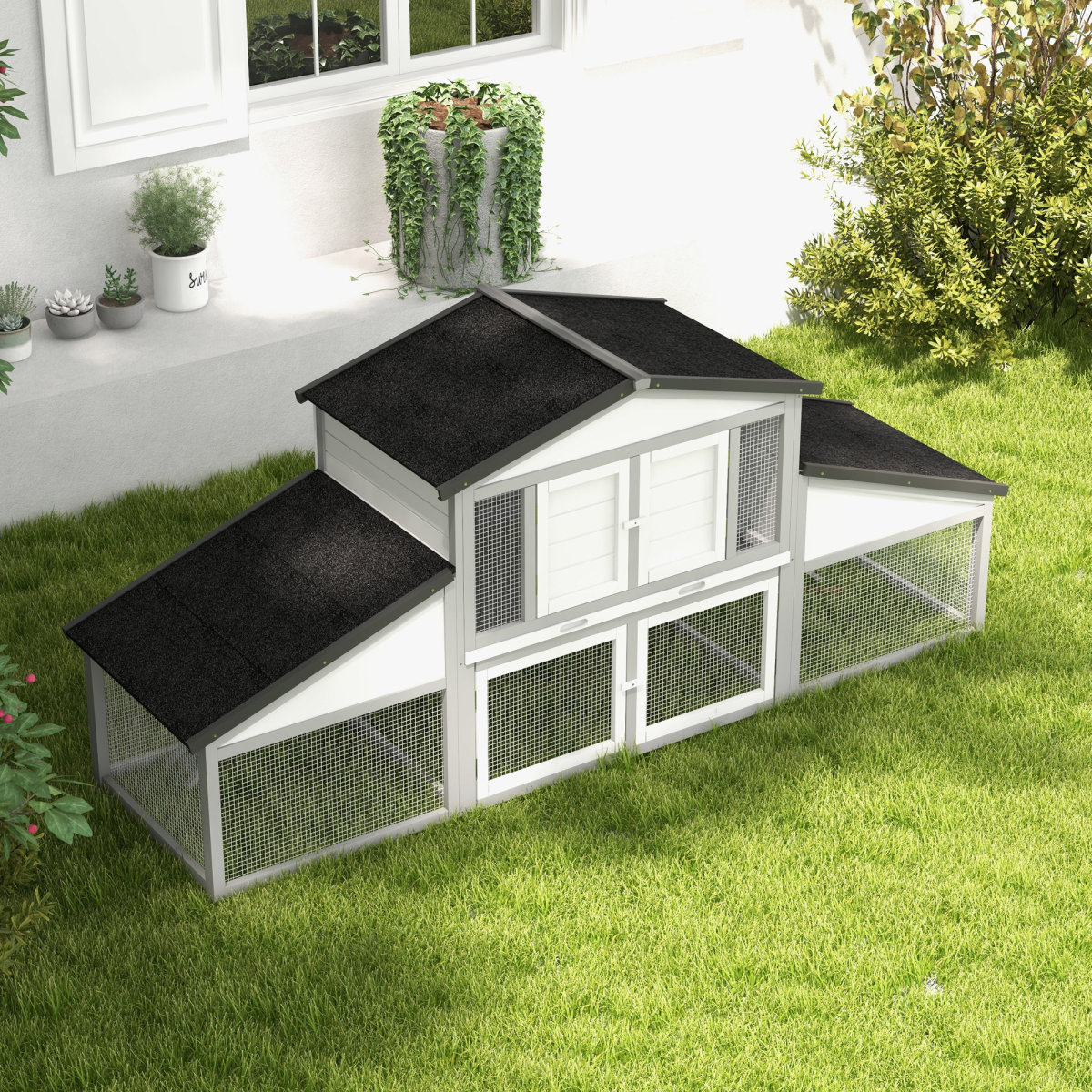 PawHut Large Rabbit Hutch with Run, Tray, Ramp, Wooden Guinea Pig House, Grey