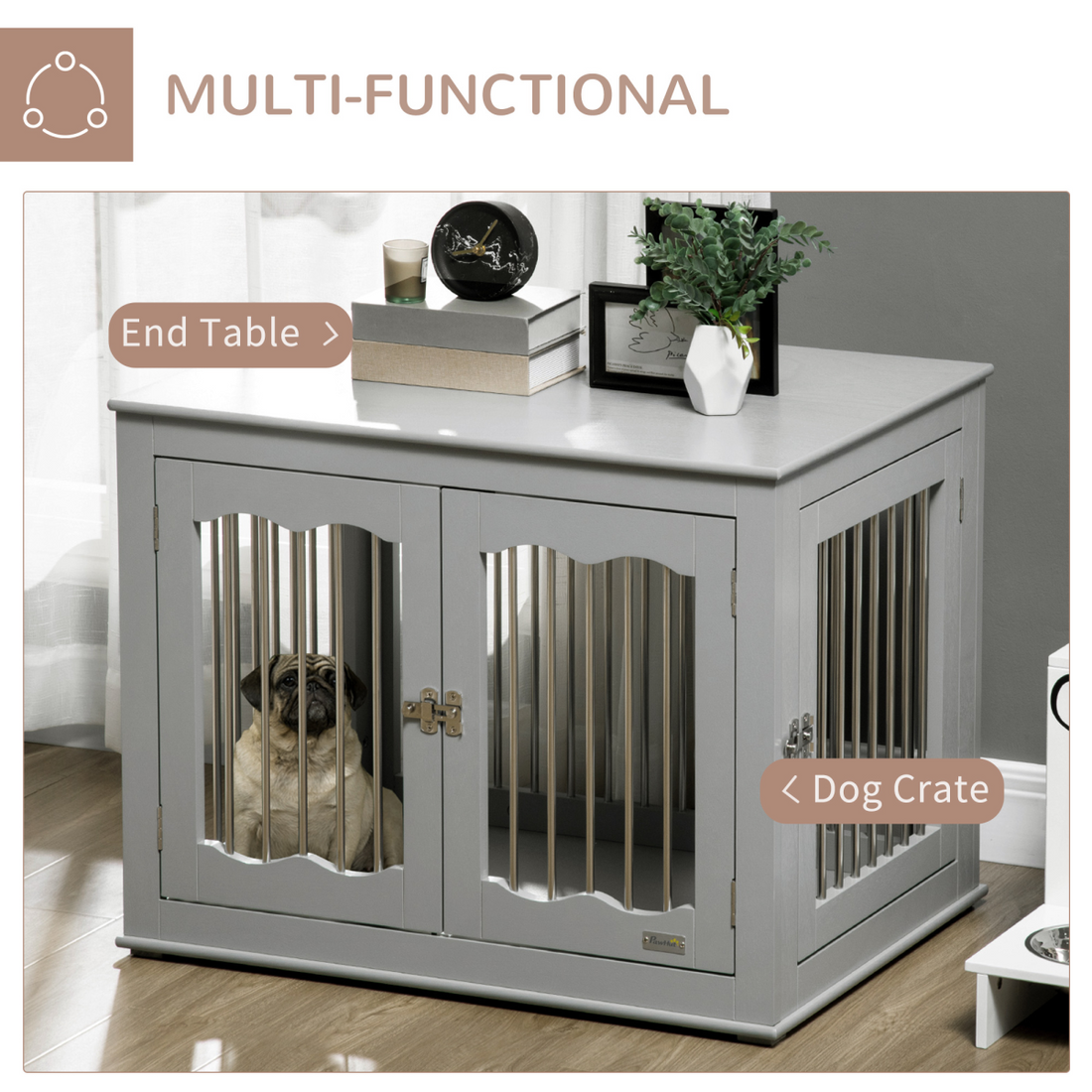 Small dog inside a grey wooden dog crate furniture piece blending into home decor