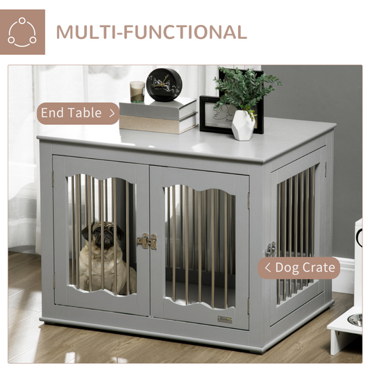 Small dog inside a grey wooden dog crate furniture piece blending into home decor