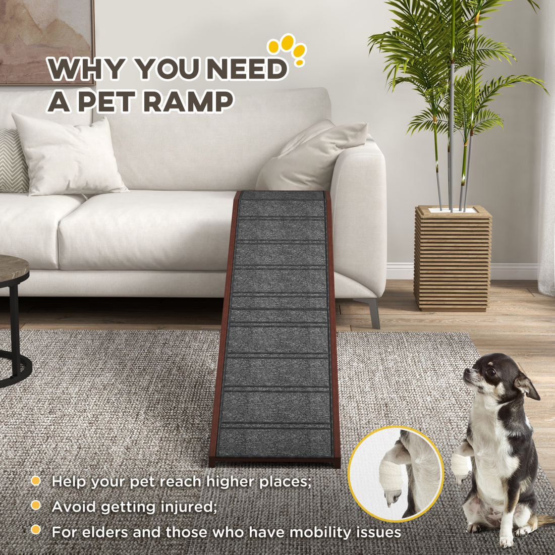 PawHut non-slip dog ramp beside a sofa for older dogs