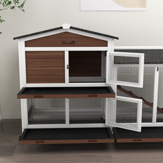 Wooden rabbit hutch with wire mesh panels and ramp showing size and material features for outdoor use