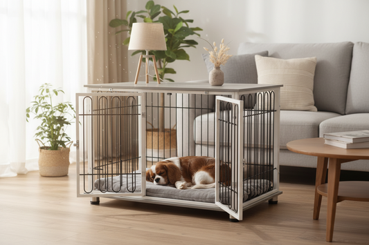 Small Cavalier King Charles Spaniel resting inside a stylish white and grey PawHut dog crate furniture end table in a modern UK living room