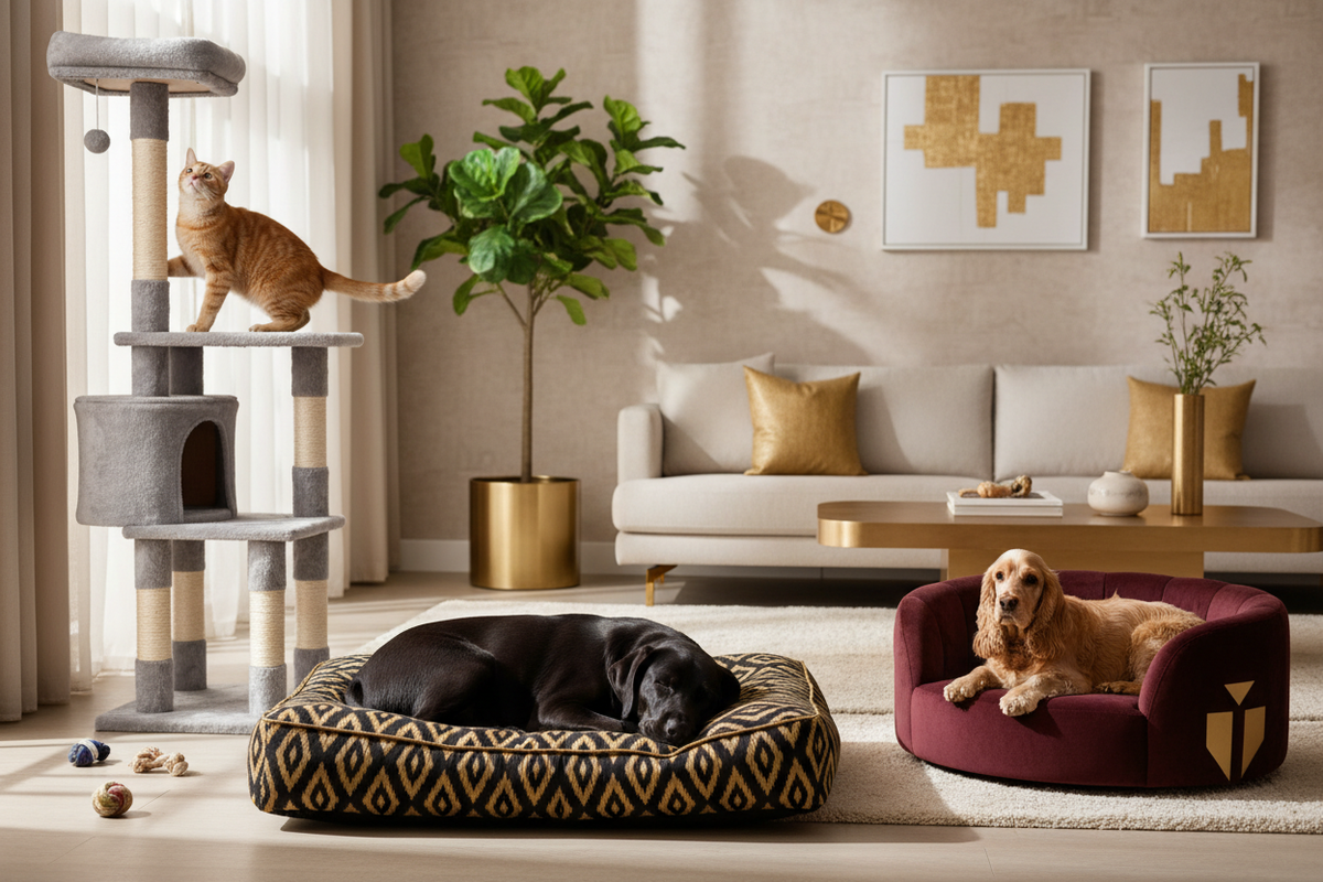 A styled premium pet living room featuring a black Labrador in a gold and black Ikat designer dog bed, a ginger cat climbing a tall grey cat tree, and a Cocker Spaniel resting in a burgundy Art Deco dog bed.