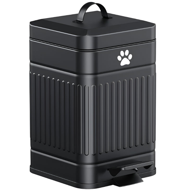 Black pet waste bin with a paw print on a white background