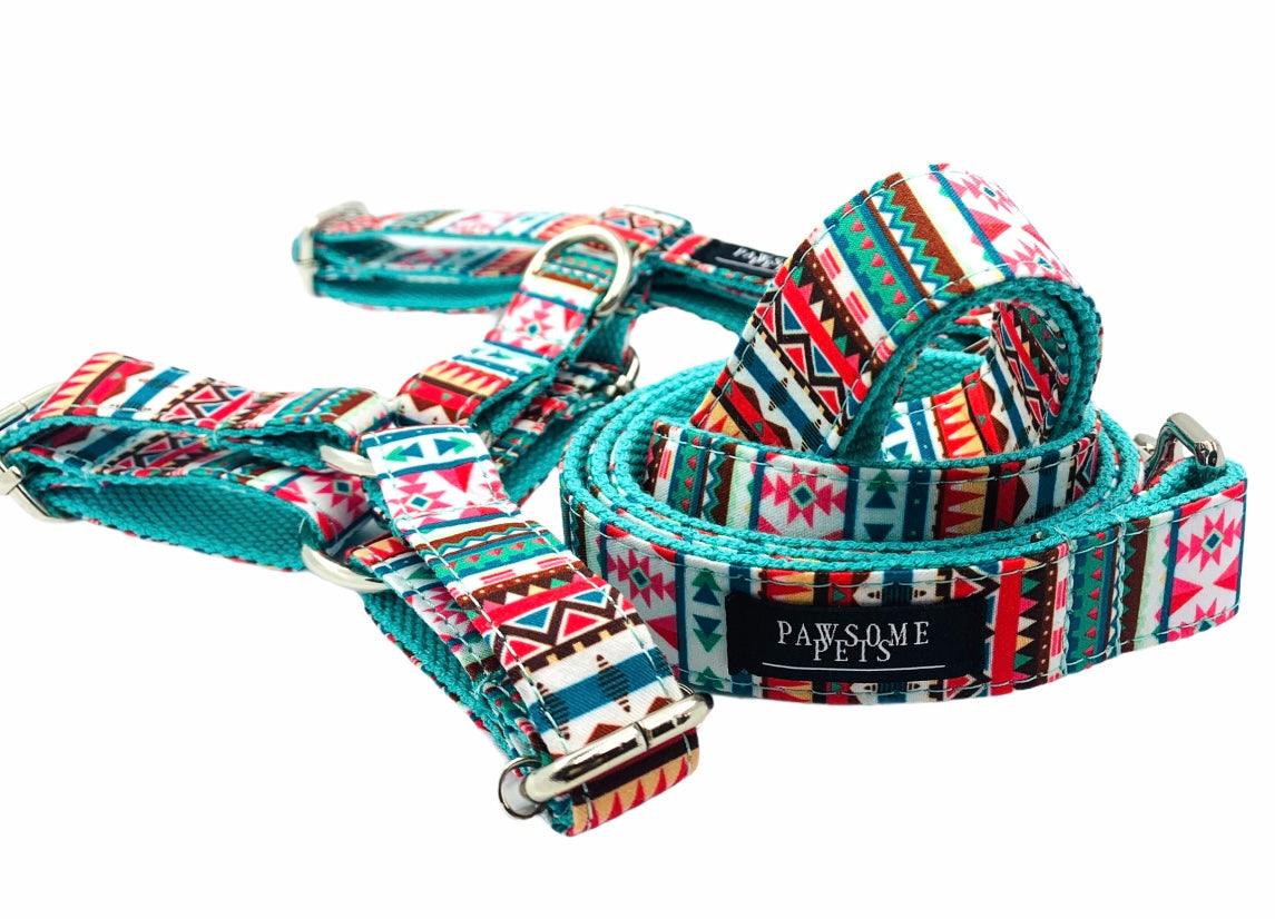 Dog wearing tropical print step-in harness showing secure fit and D-ring attachment