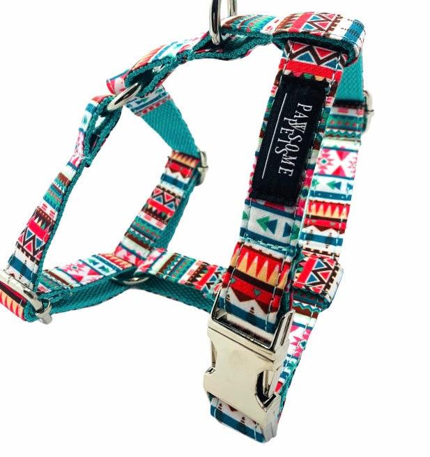 Tropical print step-in dog harness showing chest plate and adjustable straps