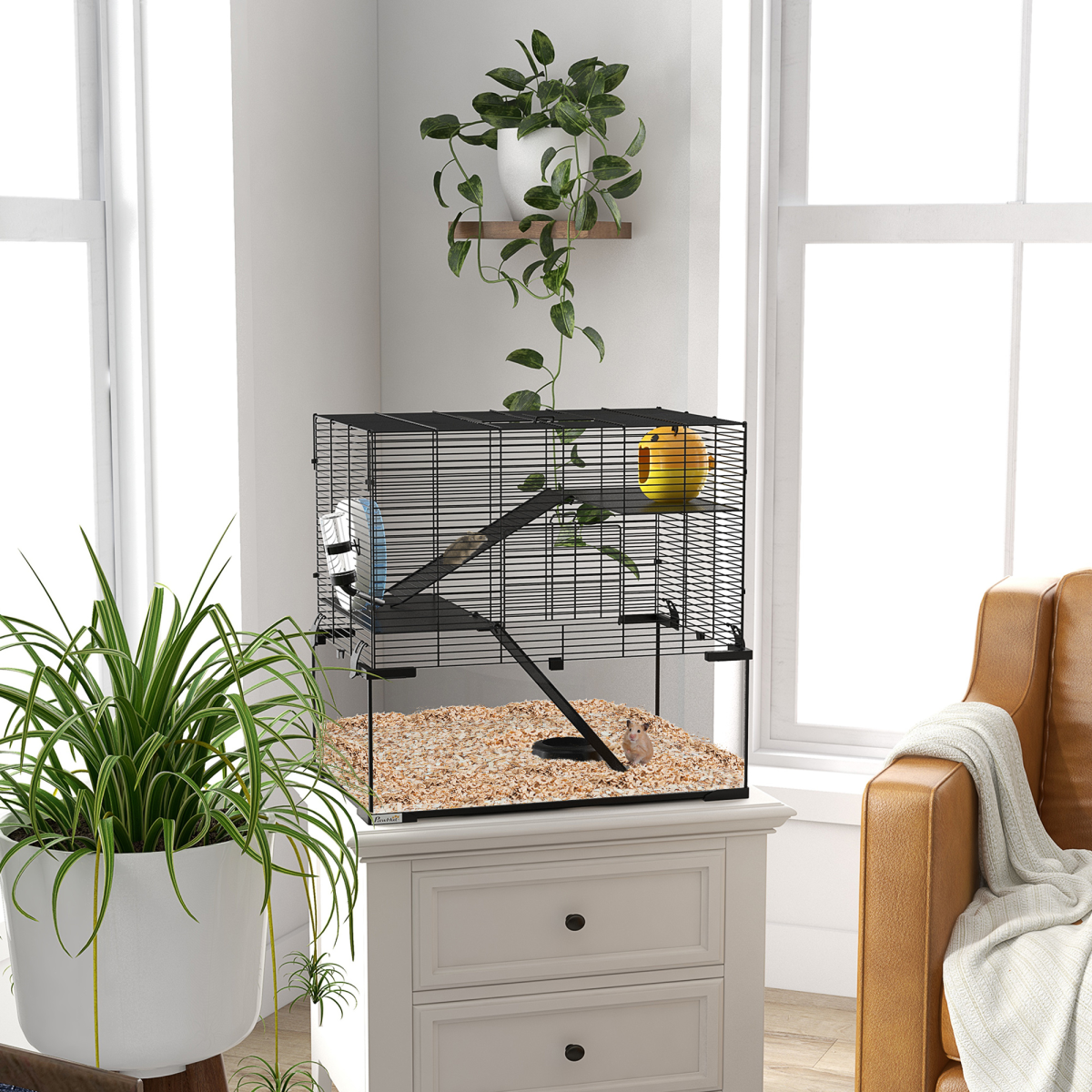 3 Tiers Hamster Cage w/ Deep Glass Bottom, Dish, Hut, 60 x 40 x 57cm