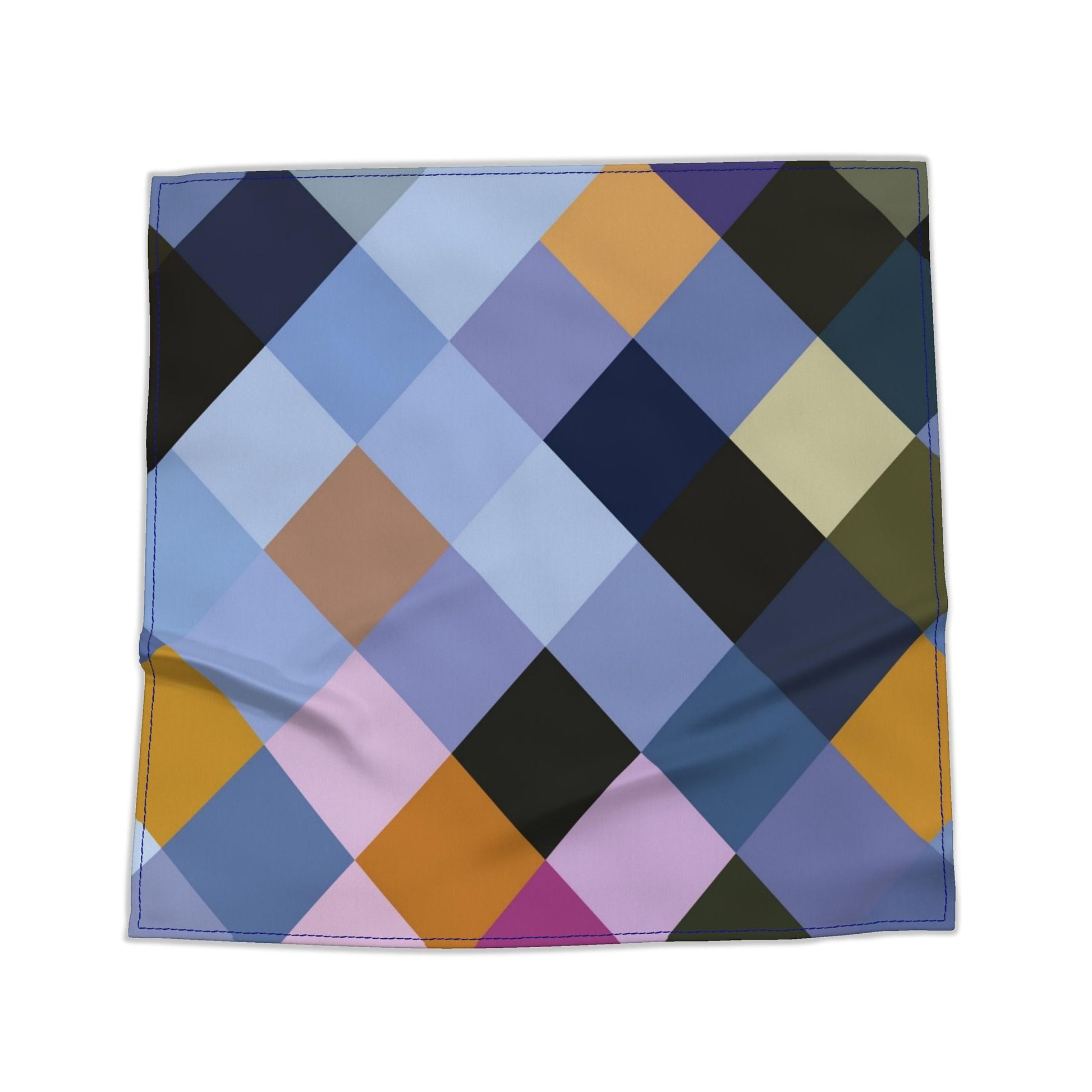 A bandana with a colorful geometric diamond pattern, displayed flat against a solid white background.
