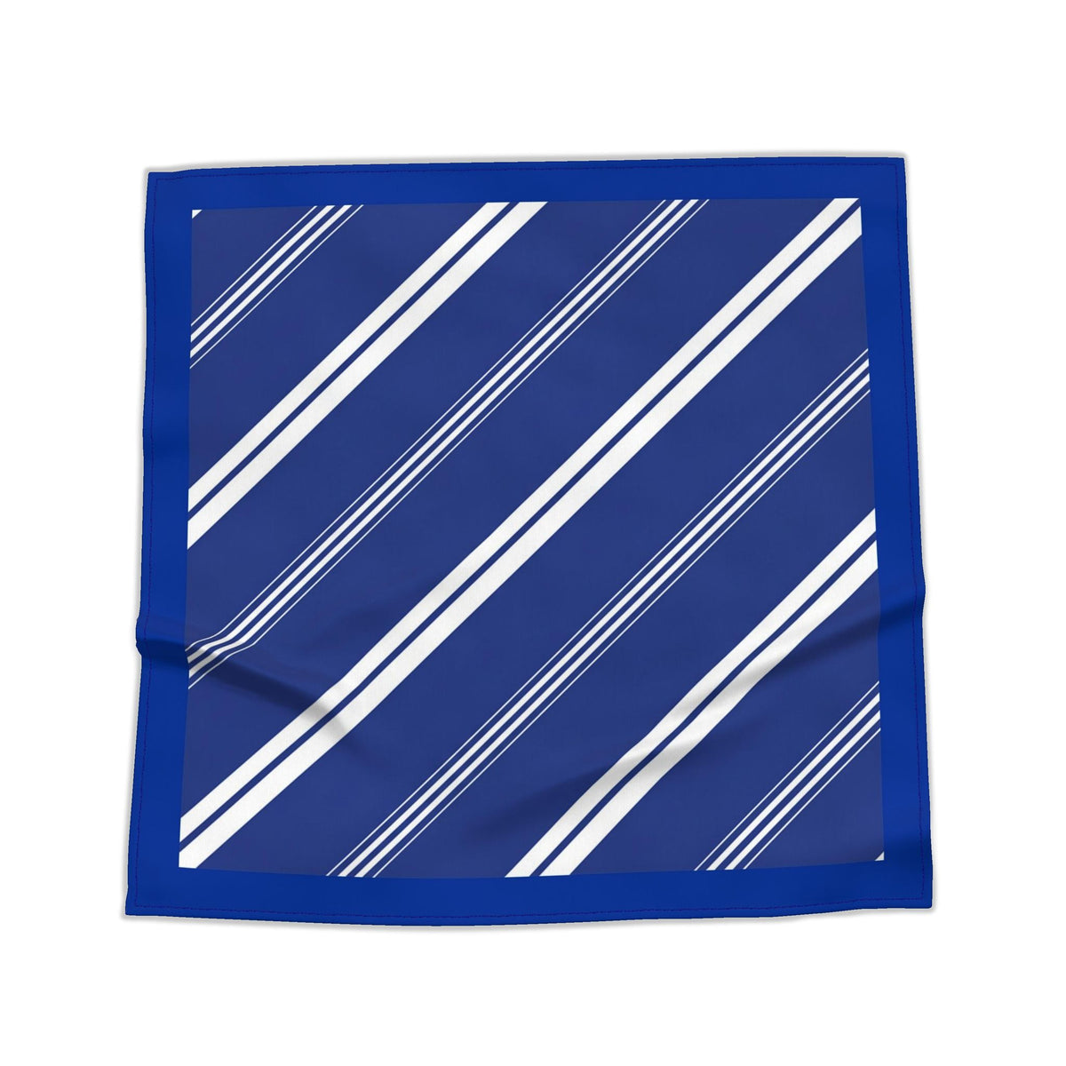 A square blue bandana featuring a geometric pattern of white and light blue diagonal stripes, finished with a solid royal blue border, shown flat against a white background.