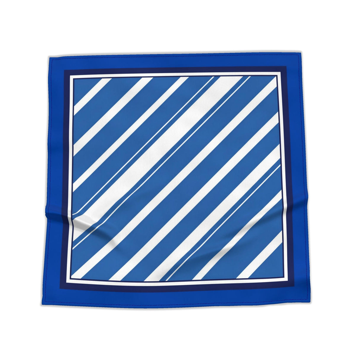 A bandana with a royal blue border and a blue-and-white diagonal striped pattern, displayed flat against a plain white background.