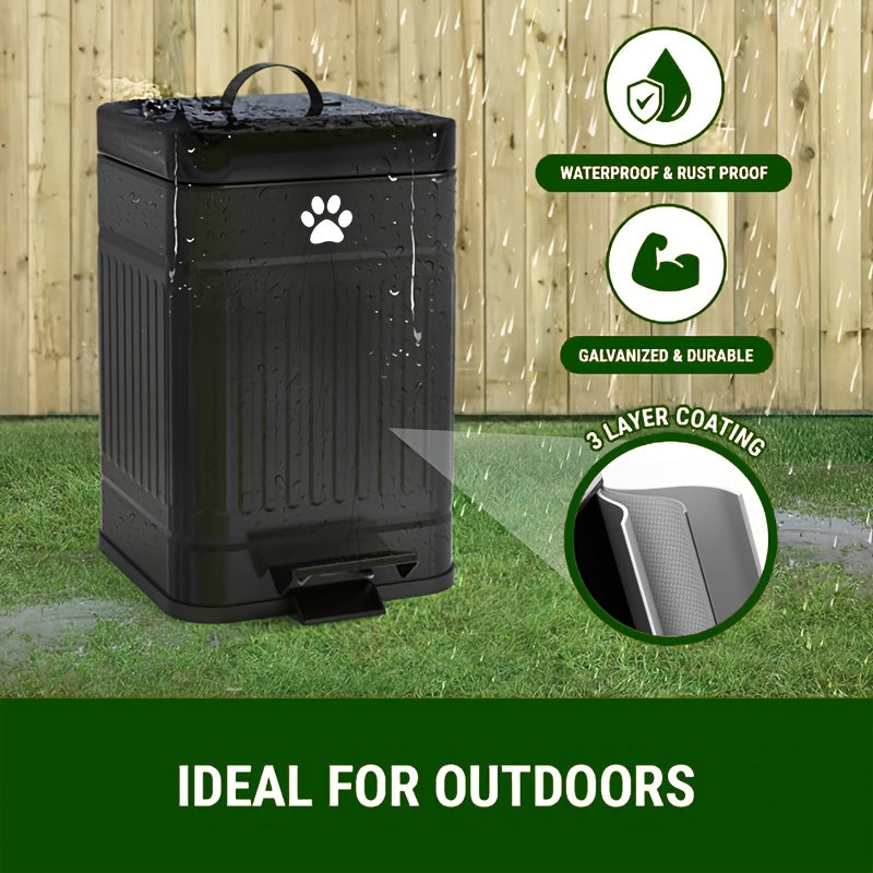 Black outdoor trash bin with paw print design on grass and wooden fence background, featuring durability and weather resistance text.