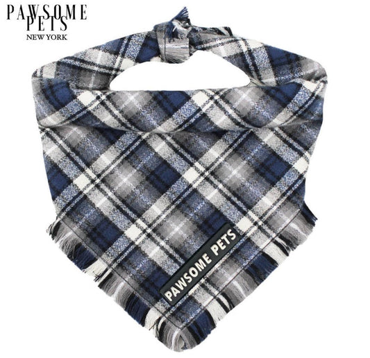 Plaid dog bandana with 'Pawsome Pets' branding on a white background