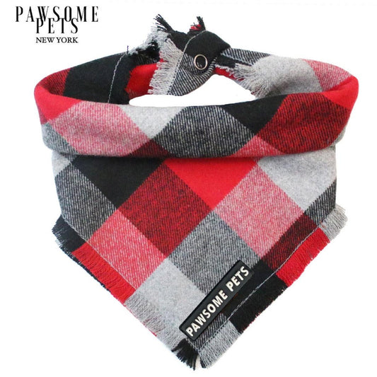 Plaid pet bandana with 'Pawsome Pets' branding on a white background