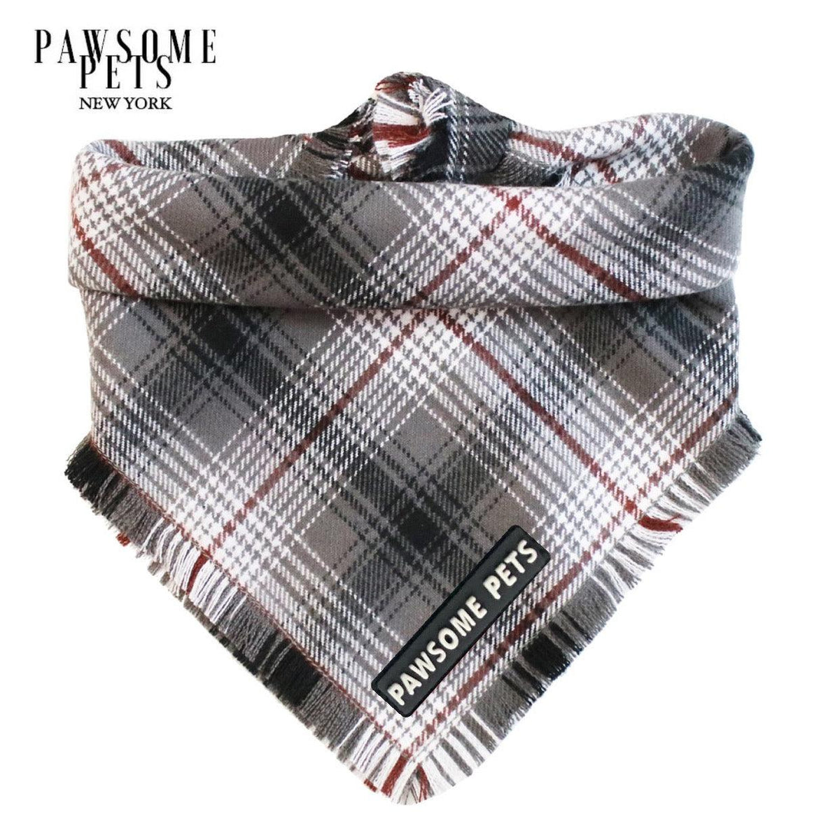 Plaid pet Frost bandana with 'Pawsome Pets' branding on a white background