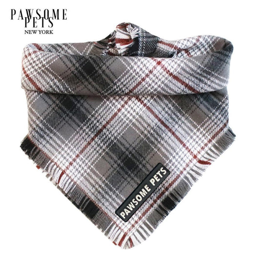 Plaid pet Frost bandana with 'Pawsome Pets' branding on a white background