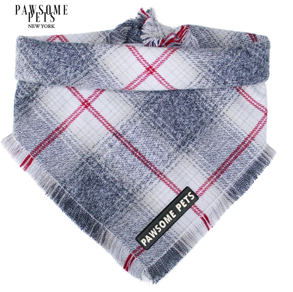 Plaid pet blanket with 'Pawsome Pets' branding on a white background