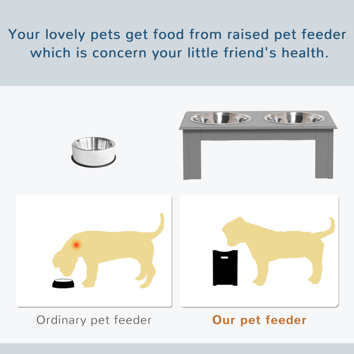 PawHut Raised Dog Bowls Pet Feeder Raised Elevated Stainless Steel Food Grey