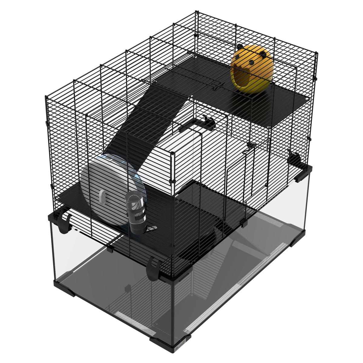 3 Tiers Hamster Cage w/ Deep Glass Bottom, Dish, Hut, 60 x 40 x 57cm