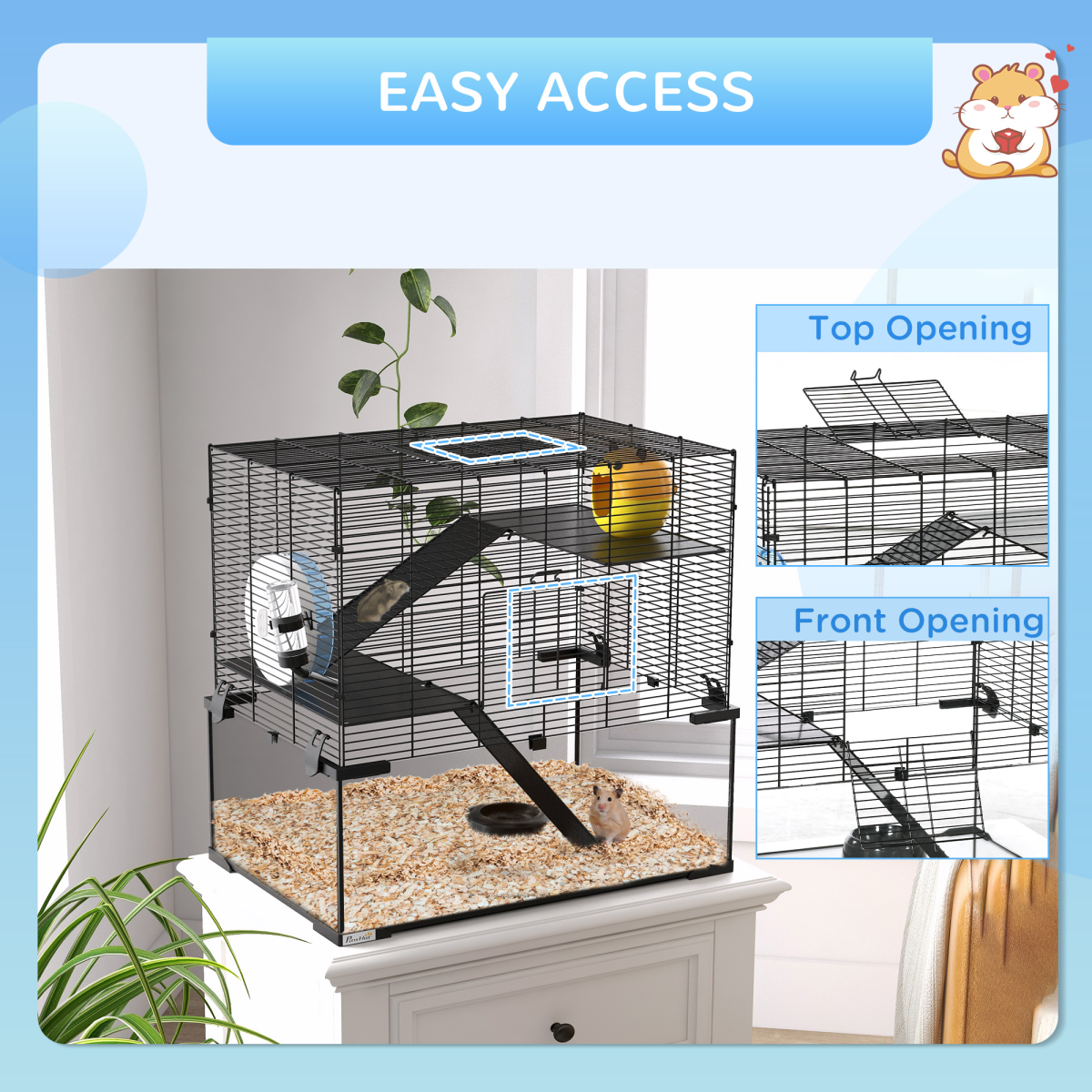 3 Tiers Hamster Cage w/ Deep Glass Bottom, Dish, Hut, 60 x 40 x 57cm