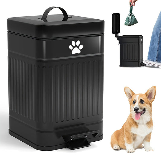 Black pet waste bin with paw print design, next to a corgi dog and a person disposing of waste.