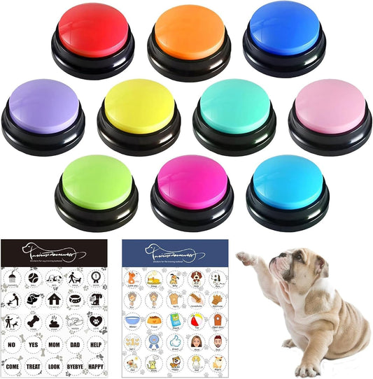 Set of colorful buttons with a dog and training chart on a white background