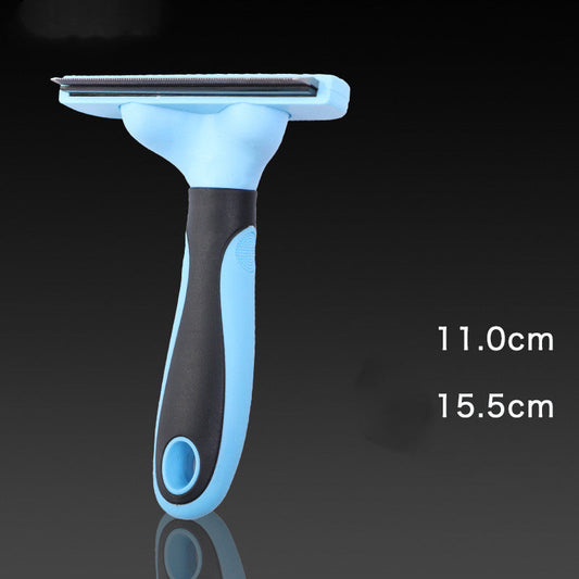 Blue and black pet grooming brush with measurements on a dark background