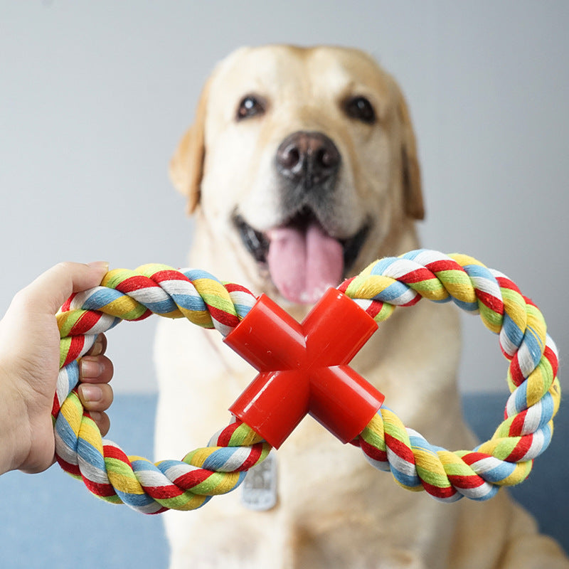 Close up of cotton rope dog toy showing braided texture and knot detail