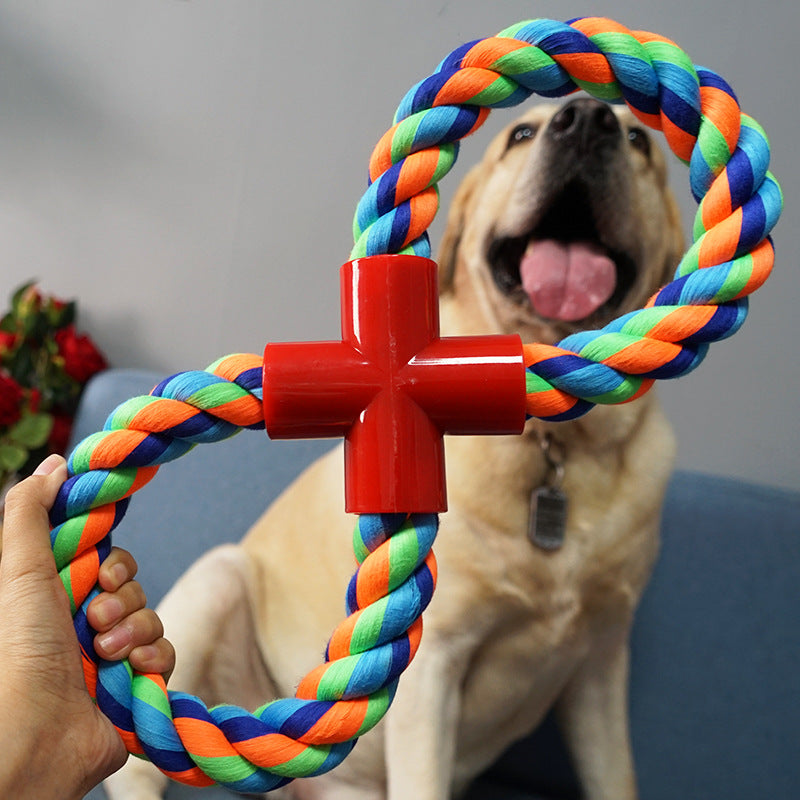 Dog playing tug of war with cotton rope chew toy