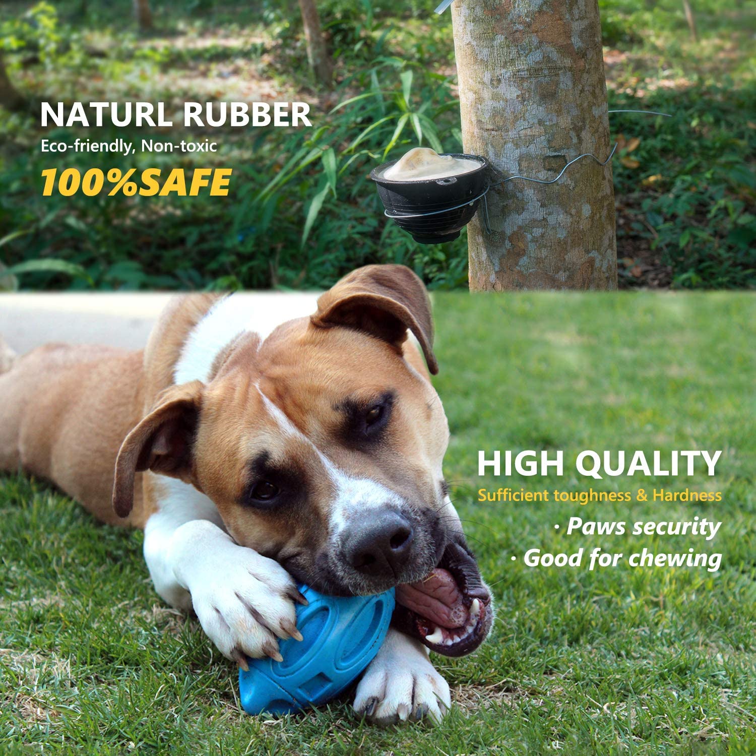 Blue squeaky rubber dog toy rugby ball shape showing textured grip surface