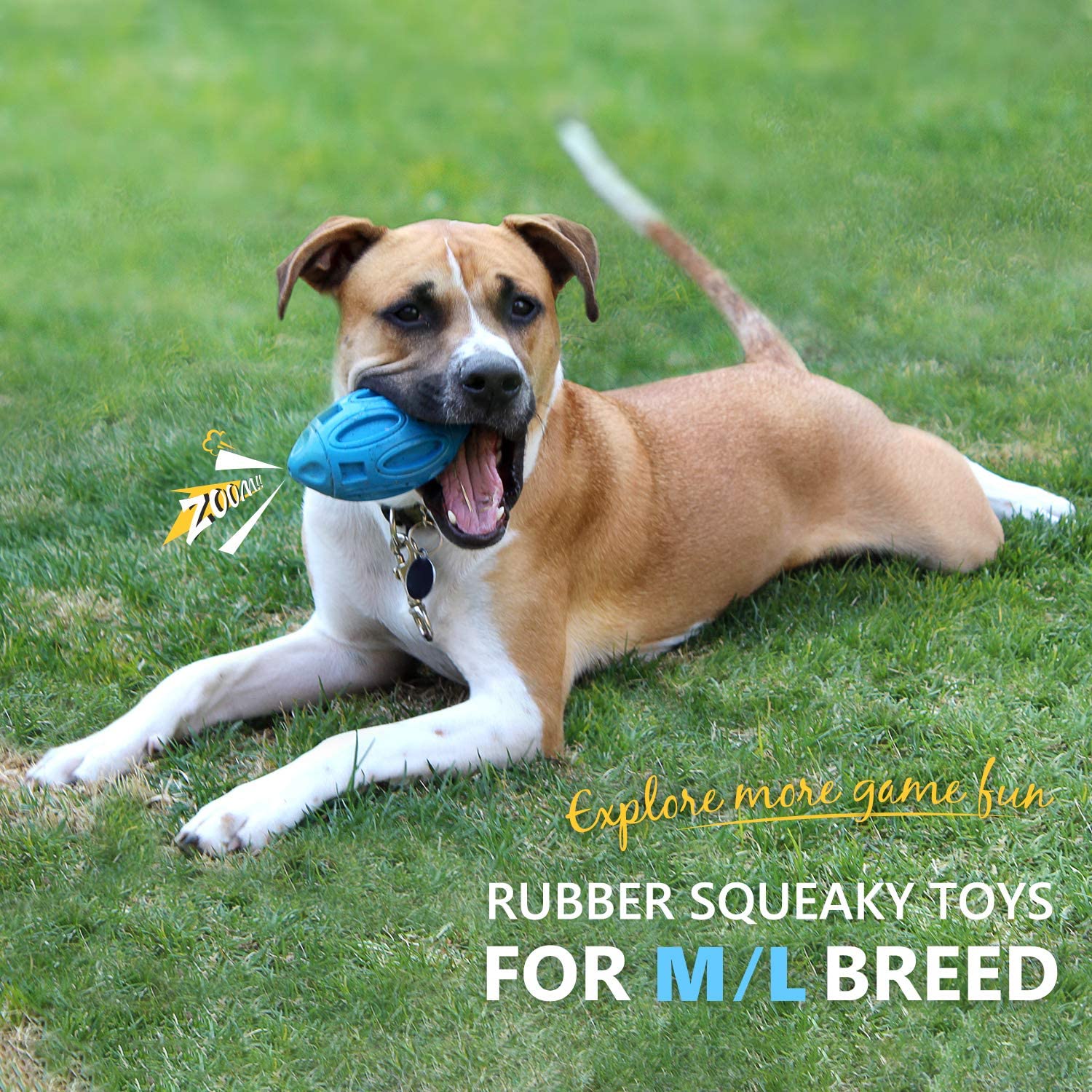 Interactive rubber rugby ball dog chew toy in blue with squeaker inside