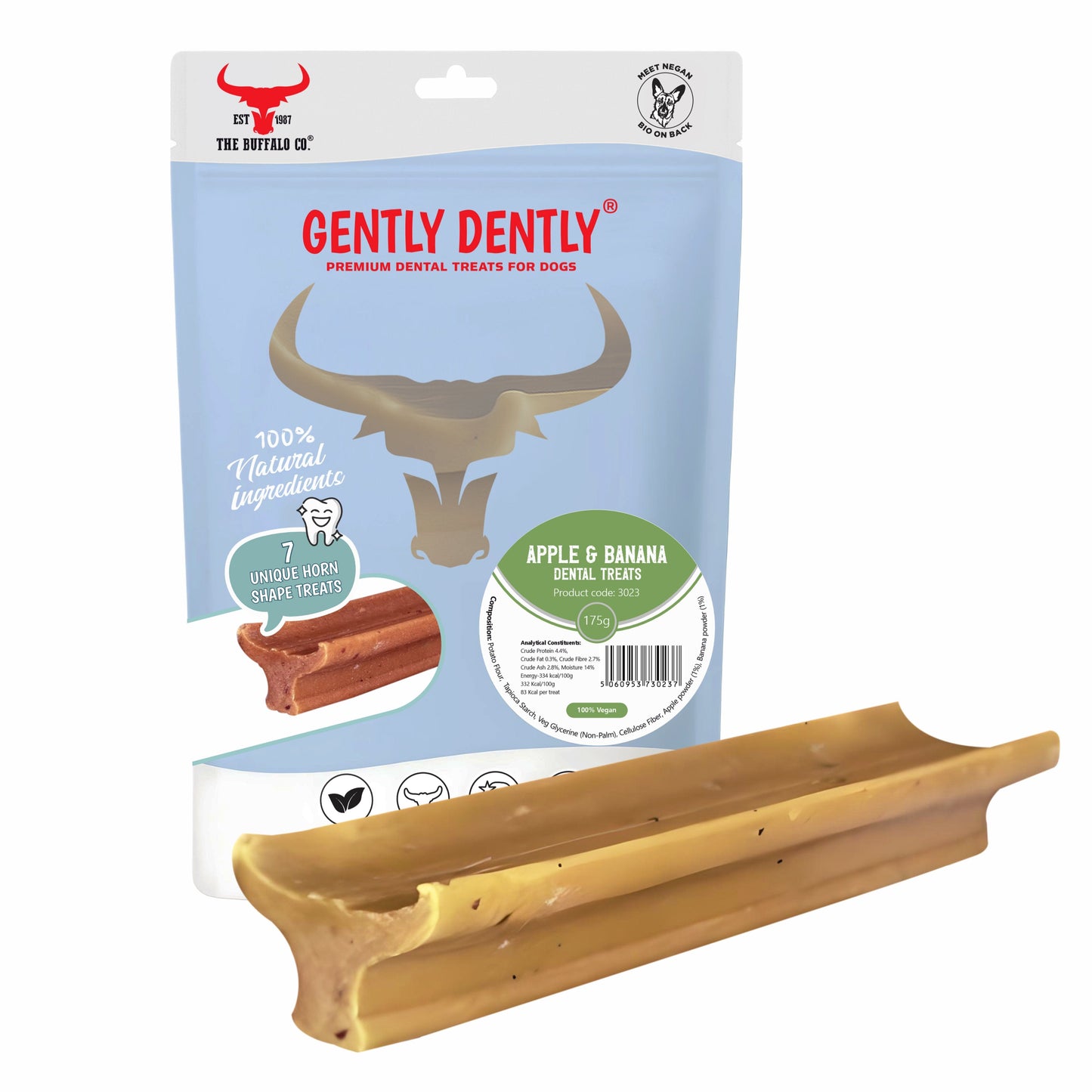 Gently Dently dog dental treats packaging with a wooden treat on a white background