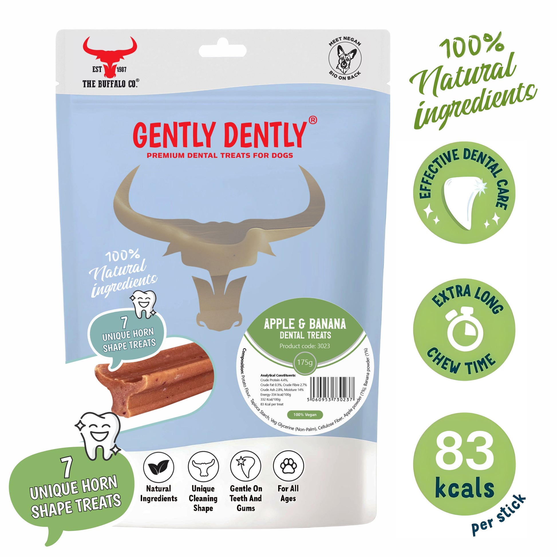 Package of Gently Dently dog dental treats with branding and product details.