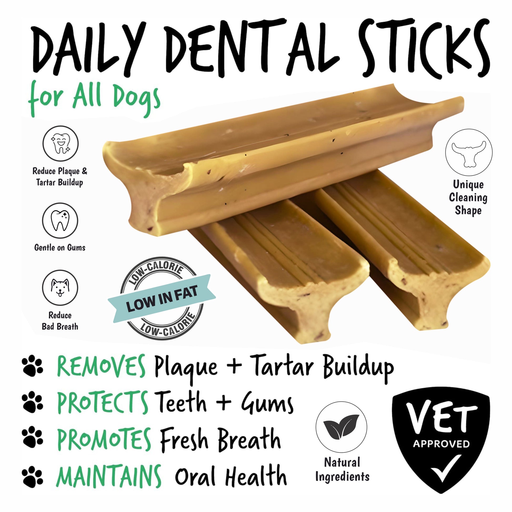 Daily dental sticks for dogs with benefits listed on a white background