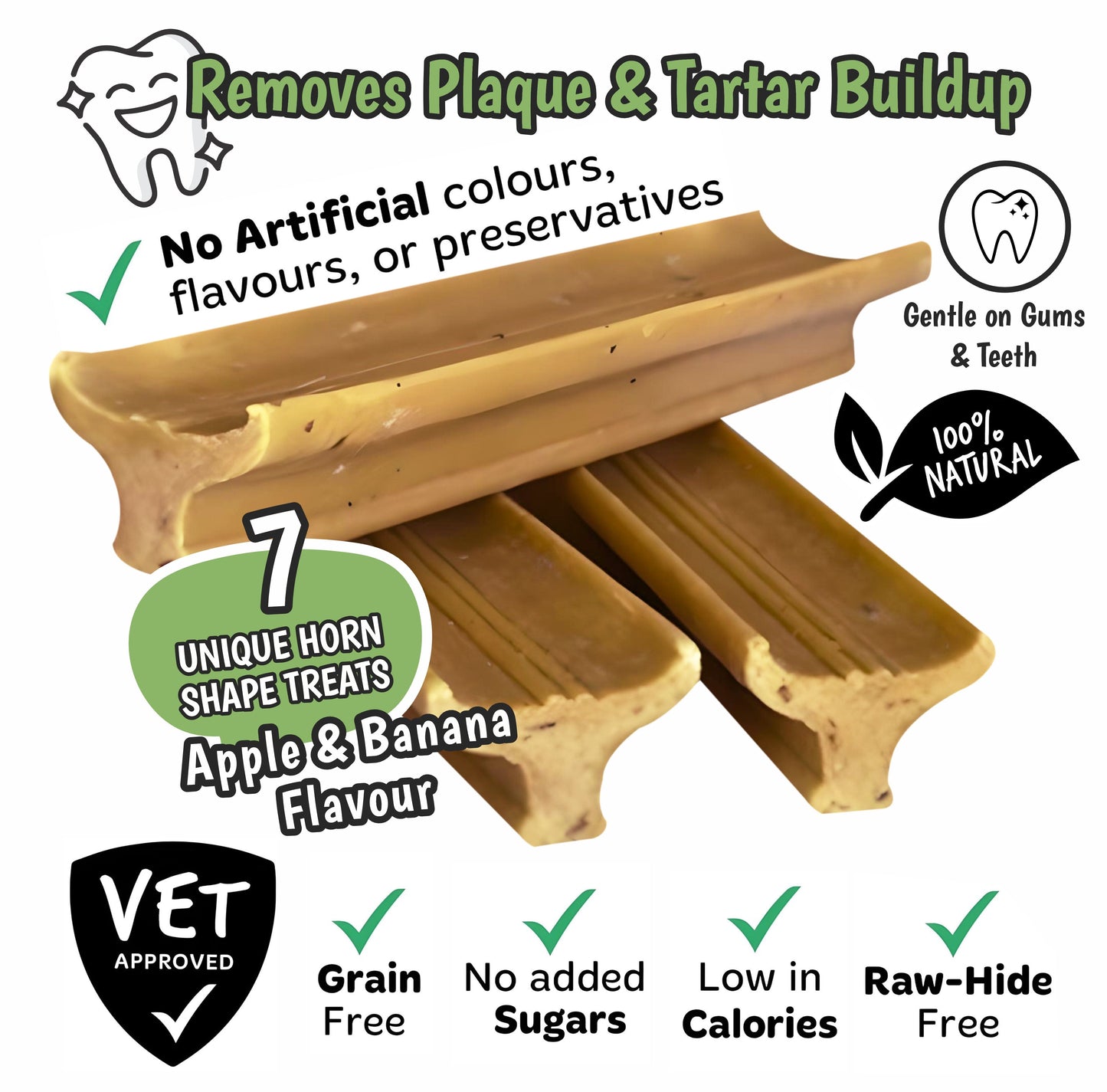Dog treat packaging with text highlighting benefits and features on a white background