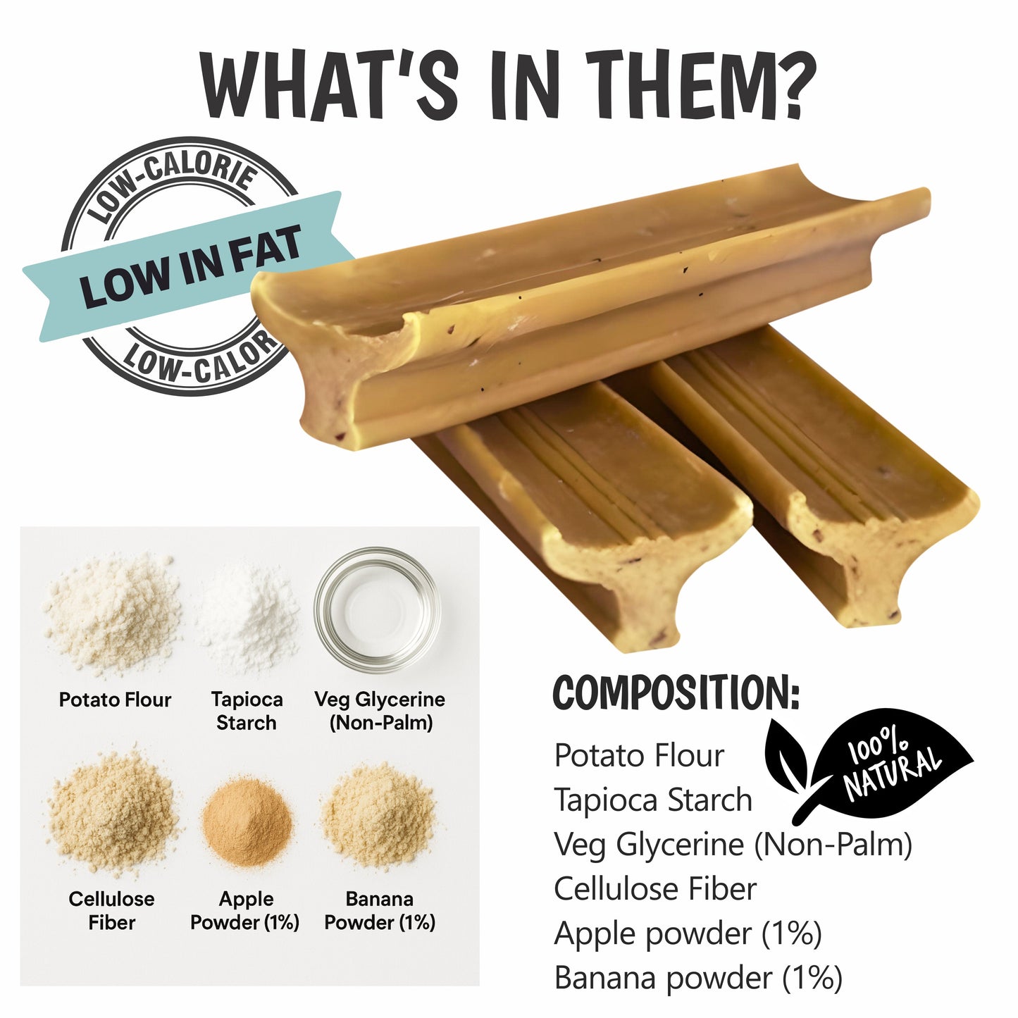 Product packaging with ingredients listed and a 'low-calorie' label.
