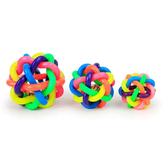 Set of colorful rubber band knot toys on a white background