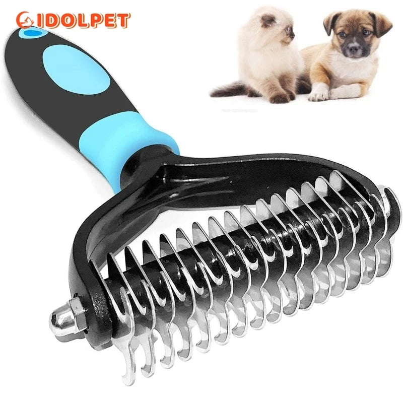 Pet grooming brush with black and blue handle, inset with two puppies.
