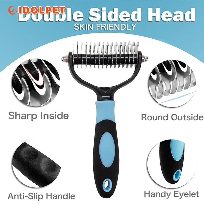Pet grooming tool with double-sided head, sharp inside, round outside, anti-slip handle, and handy eyelet on a blue background.
