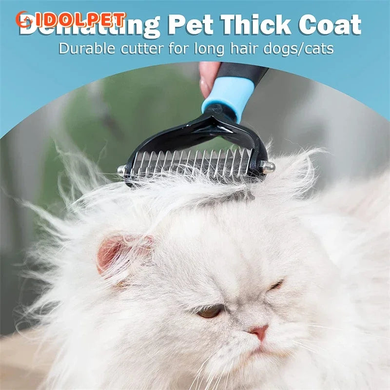 Pet grooming tool being used on a white cat with text about durable cutter for long hair pets.