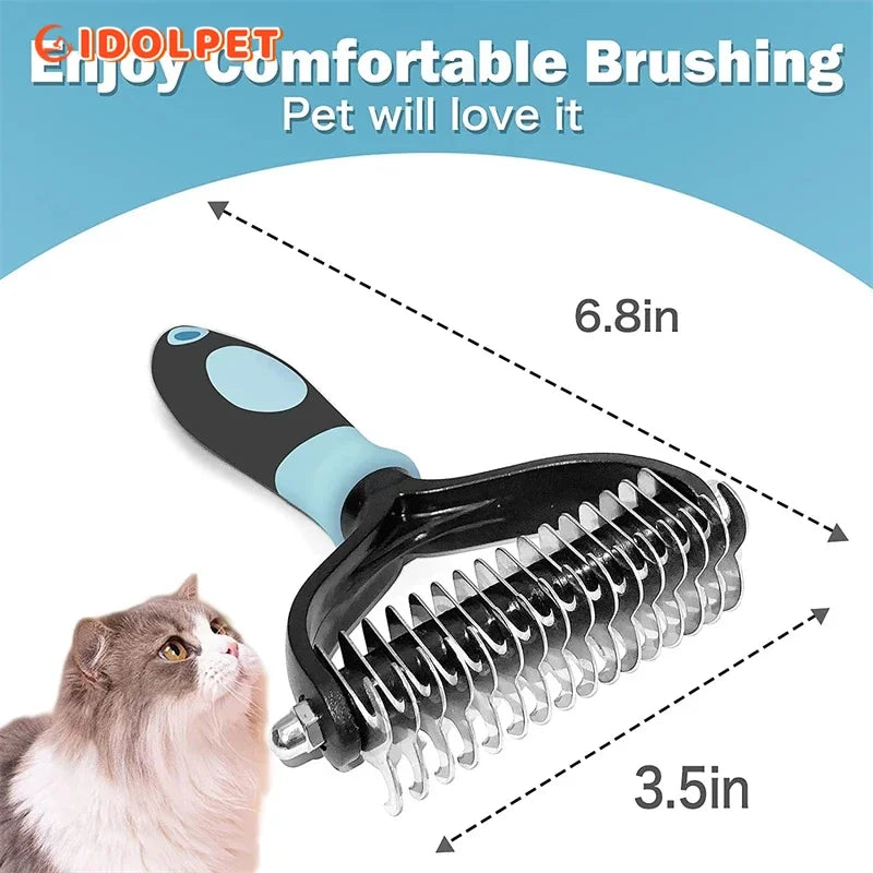 Pet grooming brush with measurements and a cat, branded 'IDOLPET'.