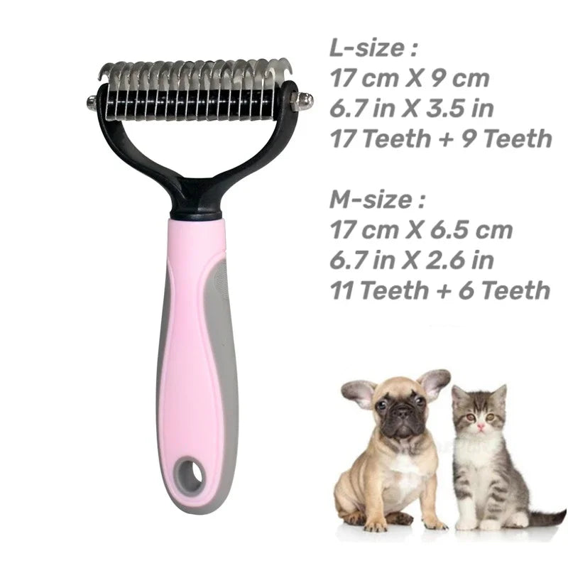 Pet grooming brush with size comparison text and two pets on a white background