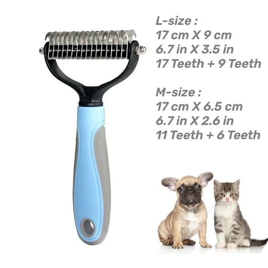 Pet grooming tool with size comparison text and images of a dog and cat.