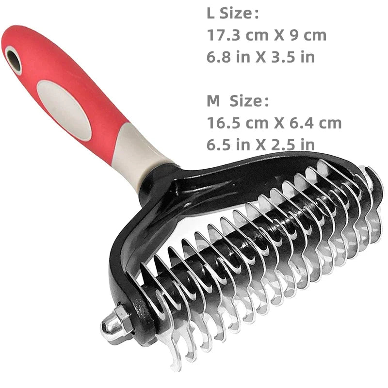 Pet grooming brush with red handle and black metal bristles, showing size measurements.