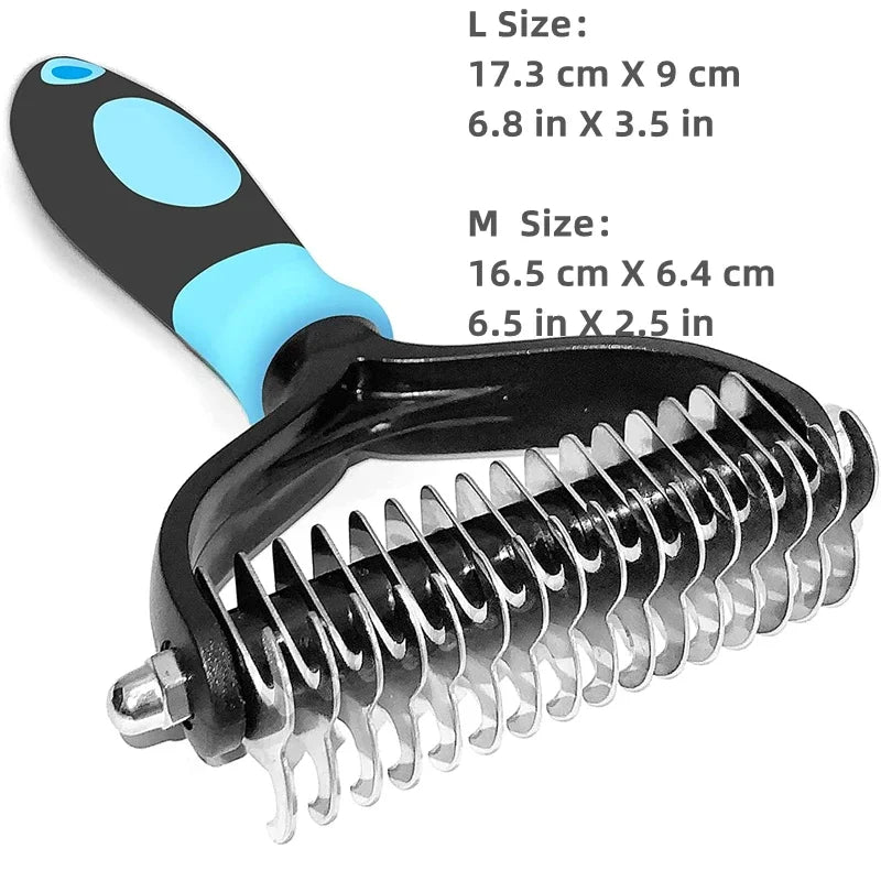Pet grooming brush with size measurements on a white background