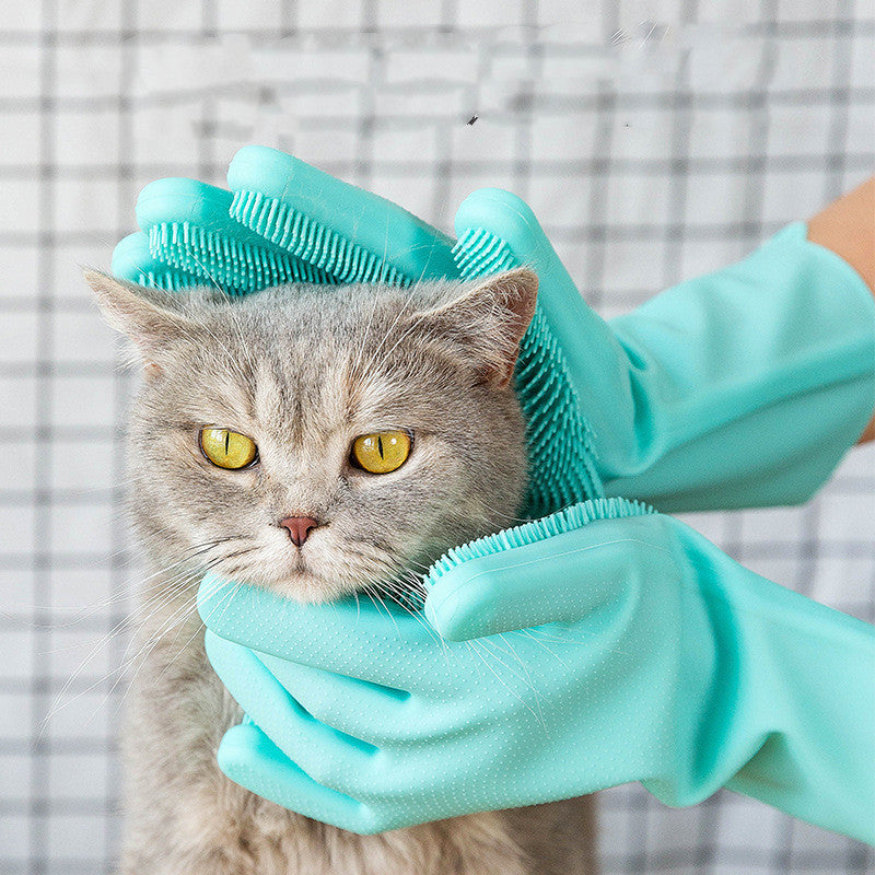 Cat being held by a person wearing teal grooming gloves with textured palms.
