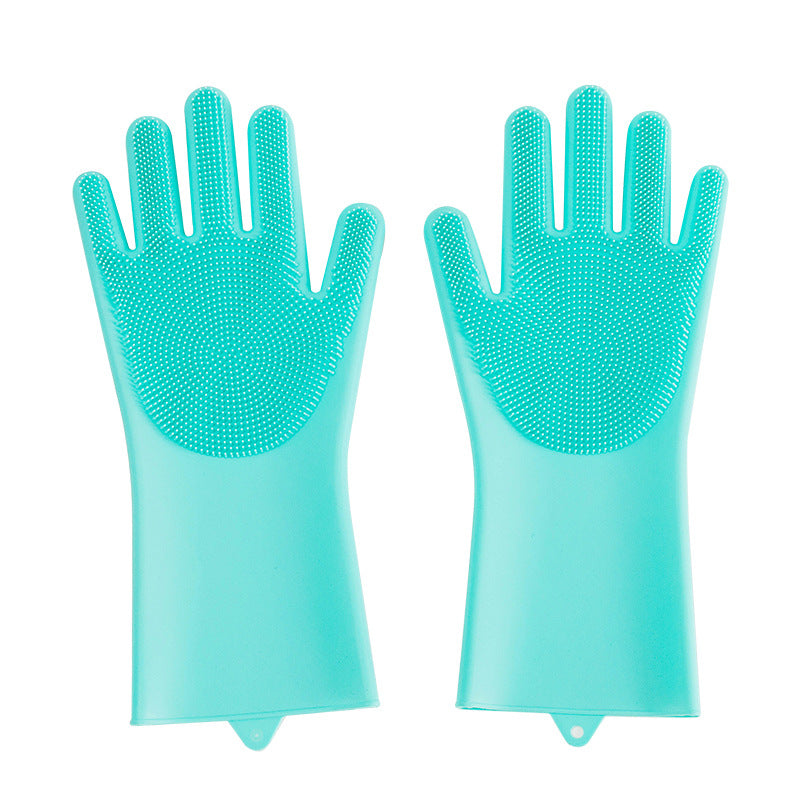 Pair of turquoise grooming gloves with textured palm on a white background
