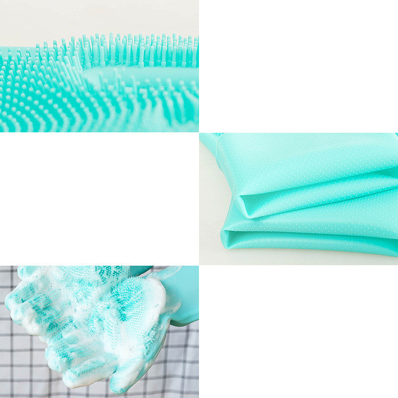 Collage of a teal pet grooming brush, cloth, and soap on a white background
