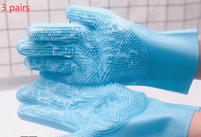 Blue grooming gloves with textured surface on a white background